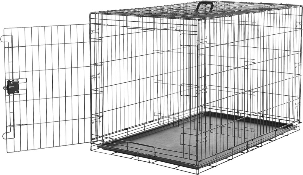Amazon Basics dog crate with easy open latch.