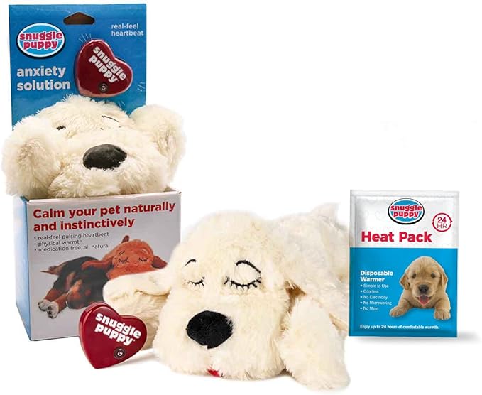 Soft plush dog with heat pack that can be warmed and a heartbeat for your new puppy.