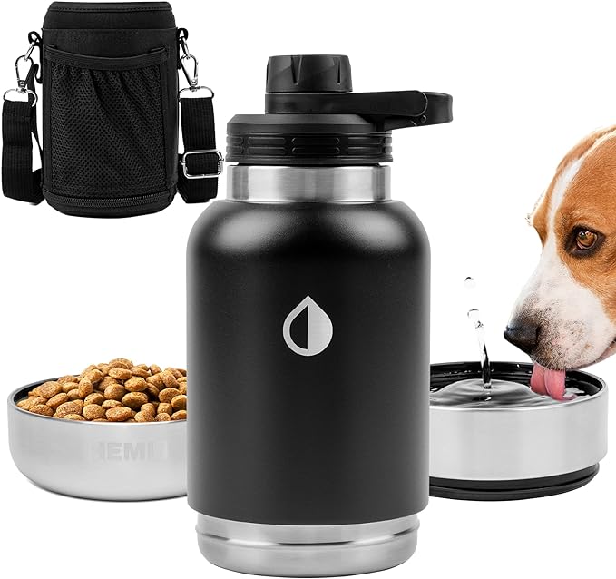 Black water thermos with screwed on bowl for carrying dog food & water on the go.